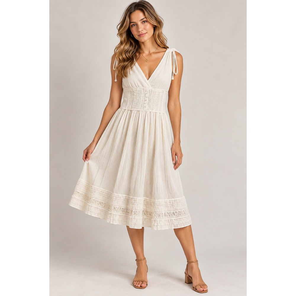 Zara Basic White Cotton Gauze Lace Pintuck Boho Midi Dress Womens Small